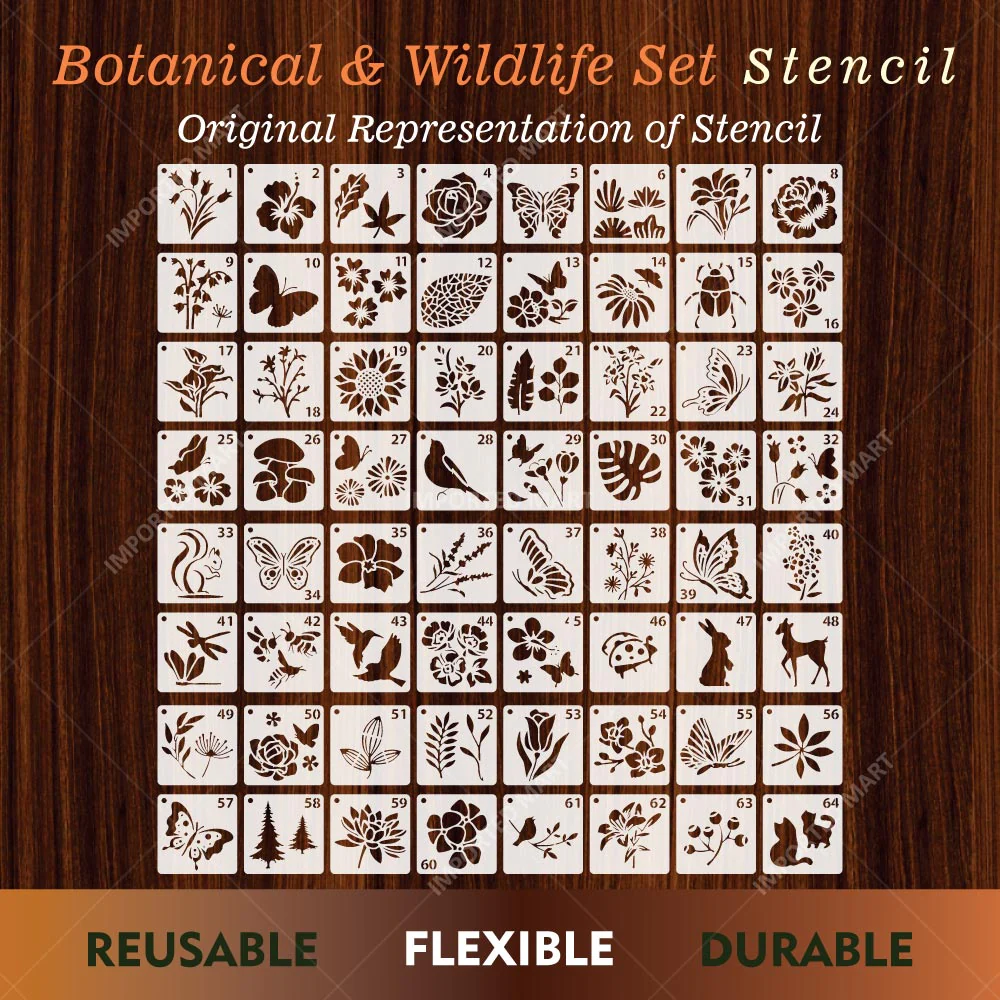 Pack of 64- Mini Floral & Nature Stencil Pack Bundle for Wall, Wood, Fabric & Craft Art – Botanical Multi Design Set – ID# 716
