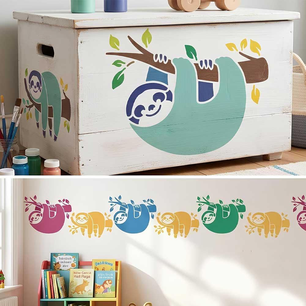 Cute Sloth Stencil for Wall, Kids Room & Furniture β Hanging Sloth Animal Design β ID# 782 - Image 5