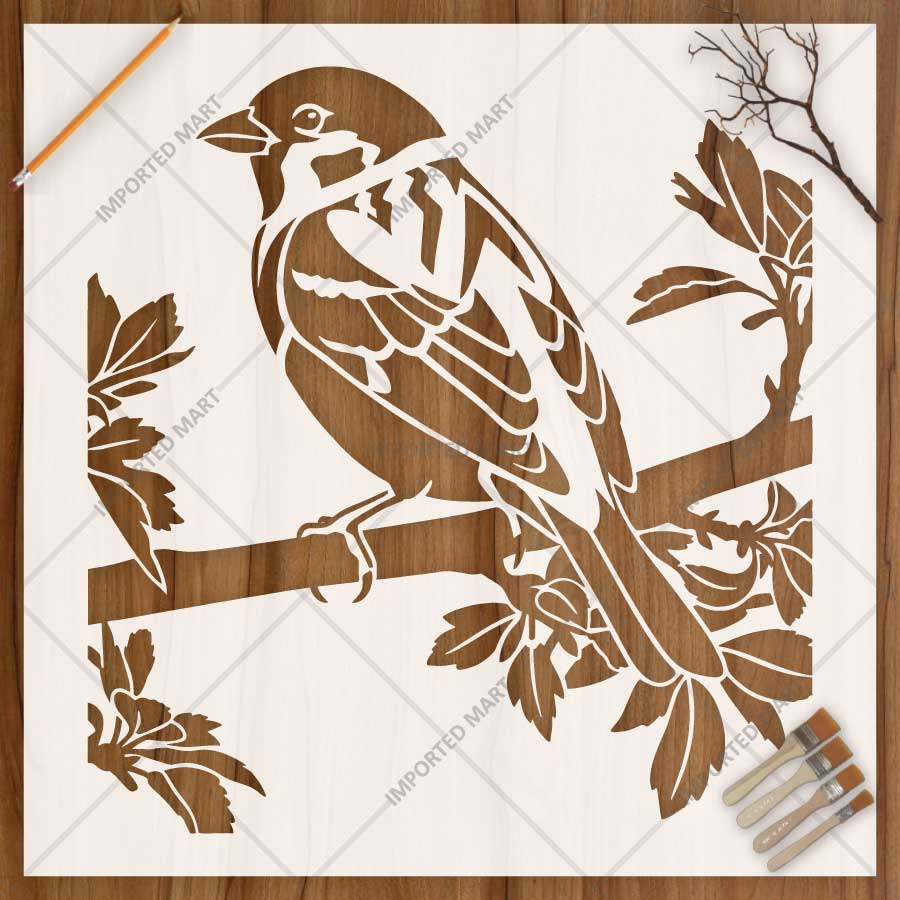 Forest Bird Branch Stencil for Wall, Wood & Furniture Painting – Nature Wildlife Art Design – ID# 813