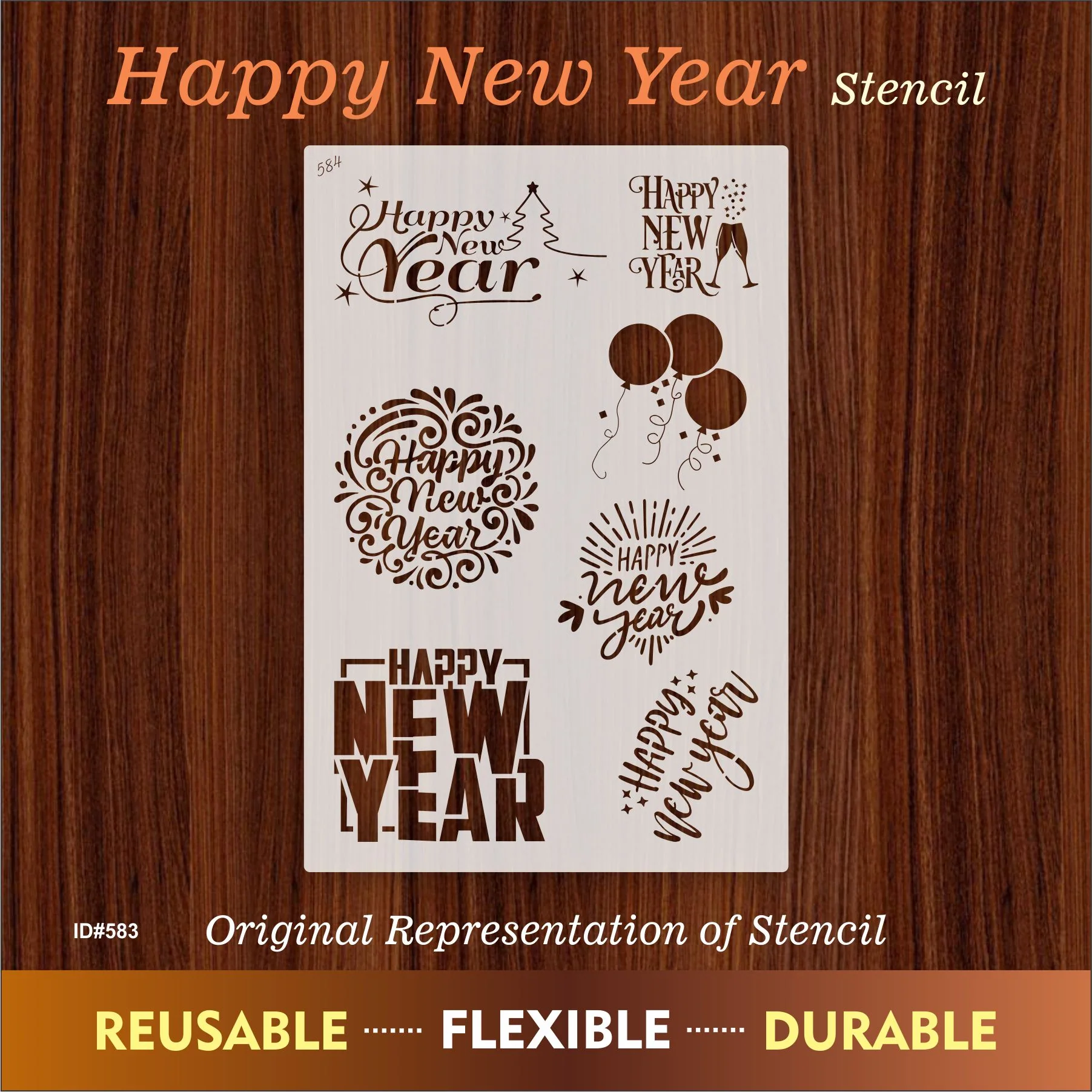 Happy New Year Stencil - Reusable Stencils for Painting - Create DIY Happy New Year Stars Decorative Paper Card Template. ID #584