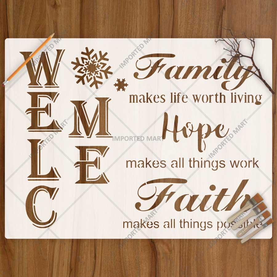 Inspirational Family Hope Faith Welcome Word Bundle Stencil for Wall, Wood & Home Decor – Reusable Quote Design – ID# 783