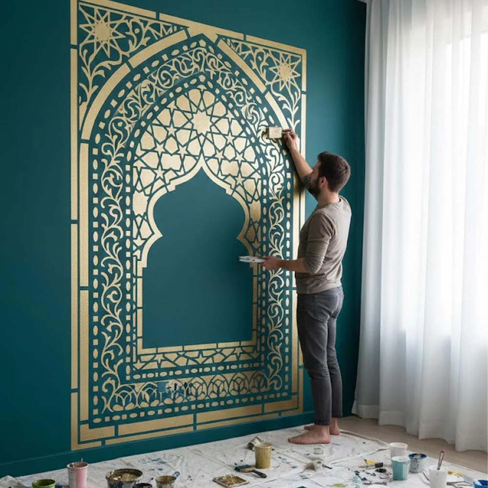 Traditional Carpet Stencil – Geometric & Floral Wall, Furniture & Floor Art – Mosque & Home Décor – ID# 708