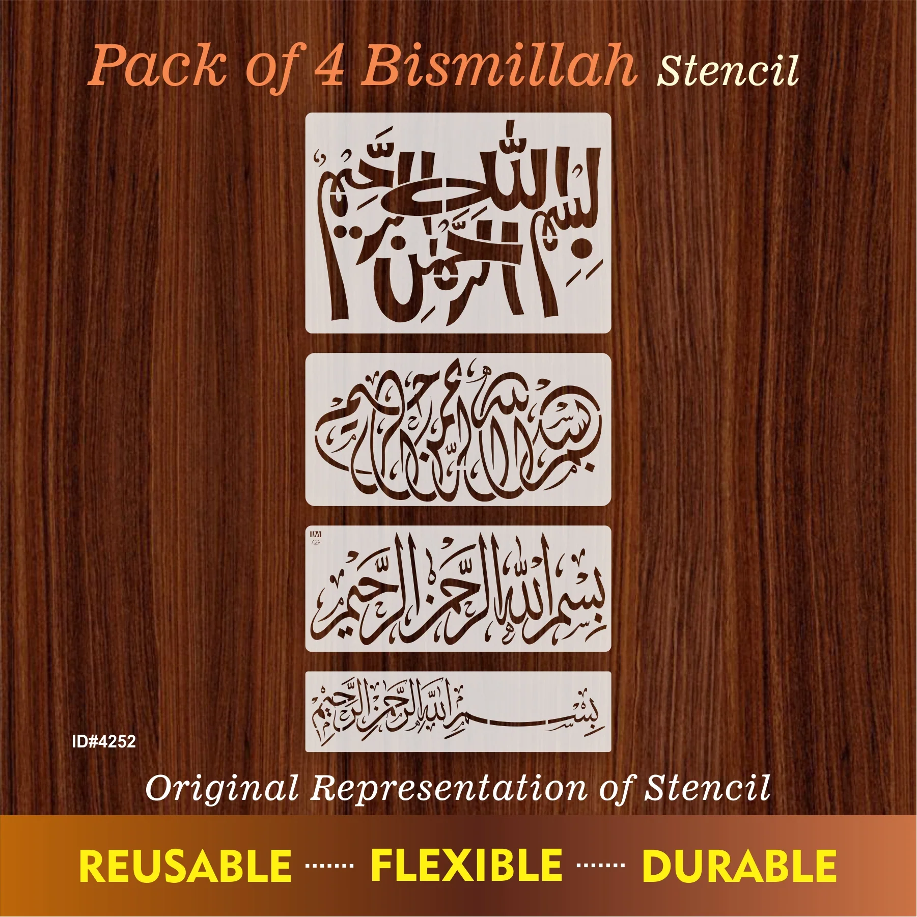 Pack of 4 Bismillah Calligraphy Islamic Reusable Stencil for Canvas and wall painting. ID #4252