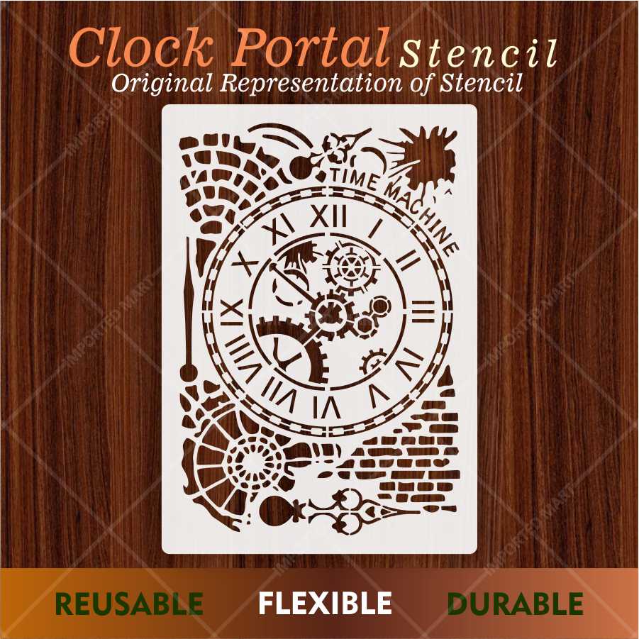 Time Machine Clock Stencil for Wall, Wood & Furniture – Steampunk Gear Design – ID# 675