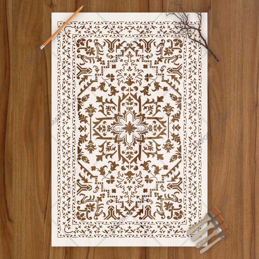 Traditional Symmetry Carpet Pattern Stencil for Wall, Floor & Tile Painting – Vintage Rug Design – ID# 744 - Image 2