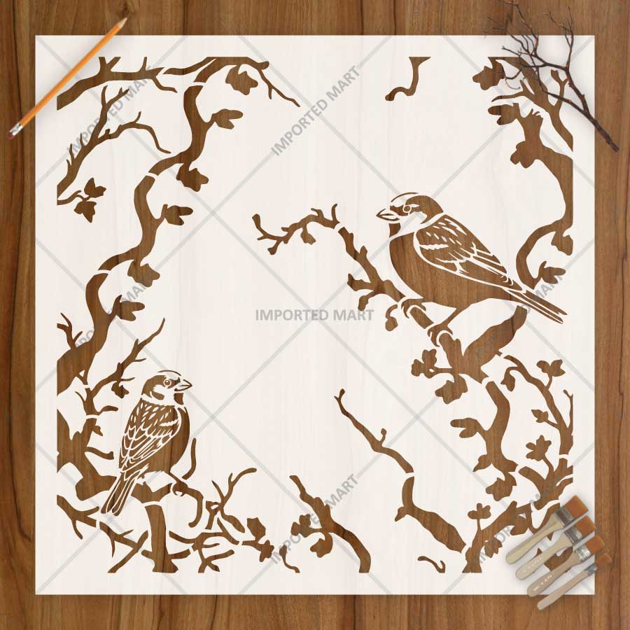 Whispering Sparrow Vines Stencil for Wall, Wood & Fabric Painting – Bird Nature Frame Design – ID# 819